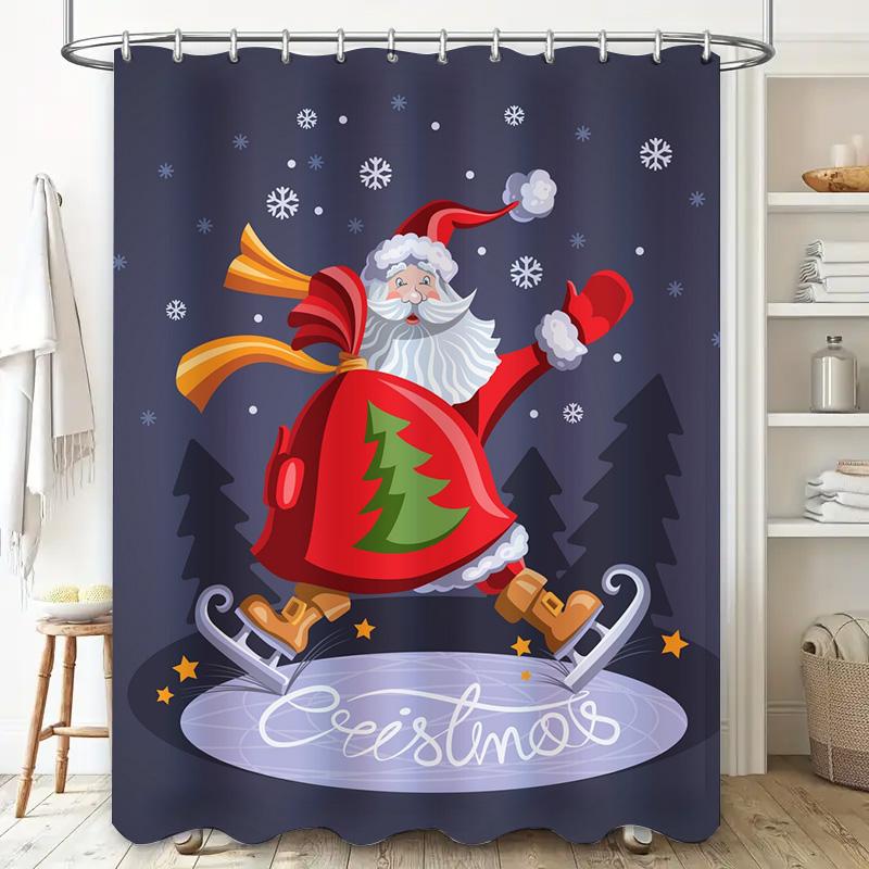 Tu Christmas Shower Curtain Santa Claus Festive Holiday Bathroom Decor Red And White Pattern Waterproof Xmas Gift Home