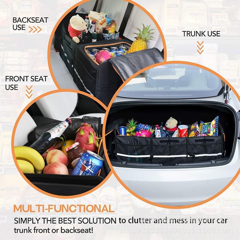 Large Capacity Foldable Car Trunk Organizer Box With Insulated Cooler Bag Waterproof Oxford Fabric Storage Bin SUV Van