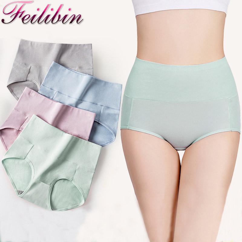 

Feilibin 4Pc трусики женщины высокий Waist Хлопок нижнее белье твердых бесшовных Трусы Breathable трусы