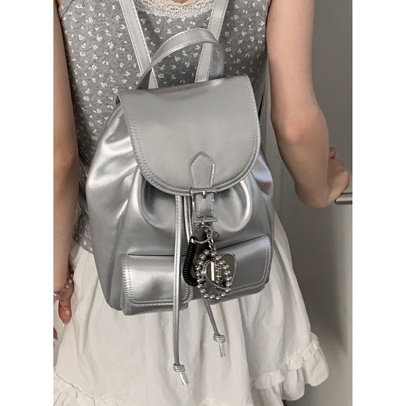Leisure college style backpack women's 2025 new trendy fashion Korean version silver backpack simple portable travel bag