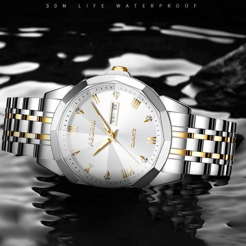ABORNI Men's Watches Business Double Calendar Wristwatch Fashion Diamond Diamond-cut Mirror Steel Quartz Men's Watches