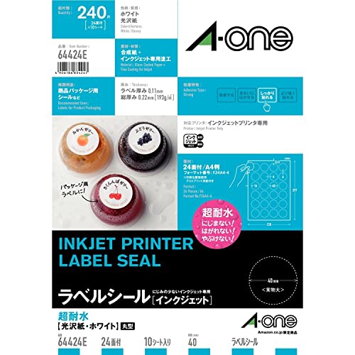 

A-One Label Sticker Inkjet Super Water Resistant Glossy Paper 24 Sides Round 10 Sheets 64424E