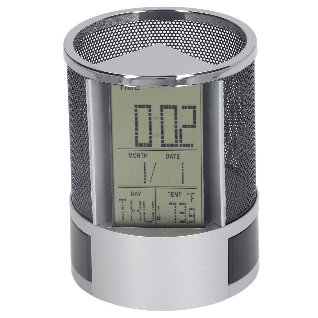 Cube Desk Stand with Digital Calendar and Clock, Pen Holder, Pencil Case, Desktop Storage Case, Multifunctional Pencil Holder, Approx. 11x8.5x8.5cm