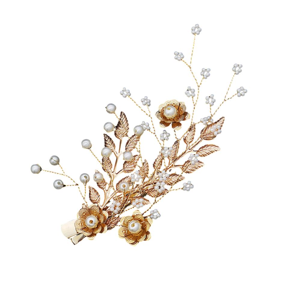 Wedding Barrettes Clip Headpiece Handmade Leaf Flower Hair Clips with Pearl Core for Thick Hair Styling Decoration