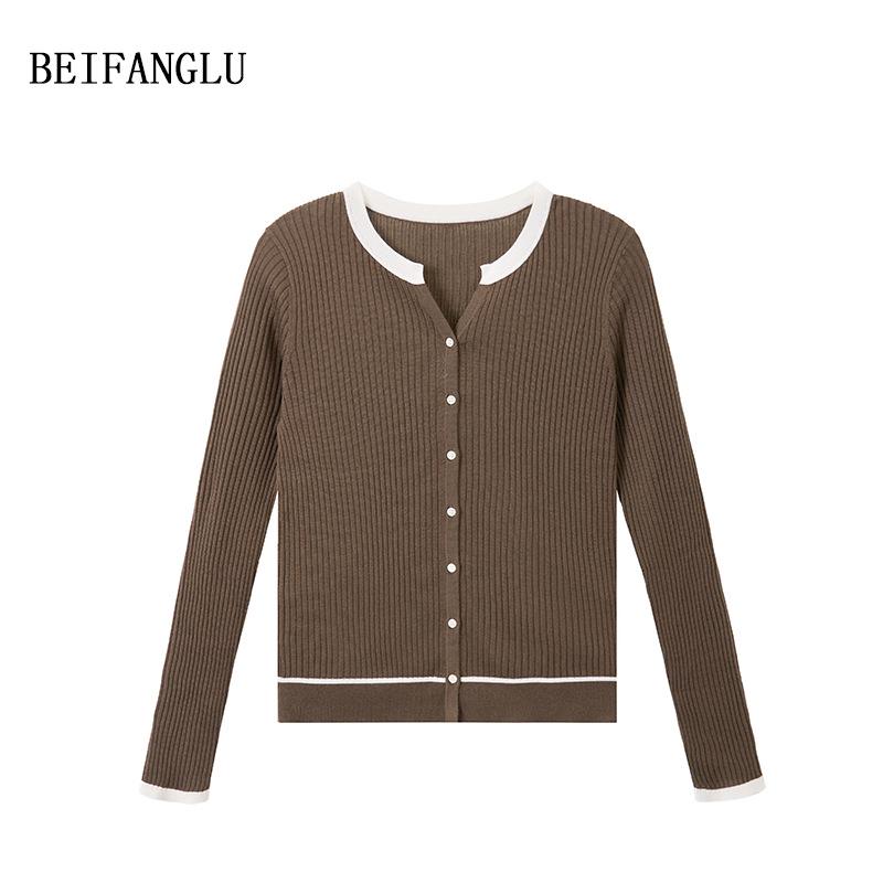 Northern Deer Women's French Wool Color Block Ribbed Knit Cardigan SL35