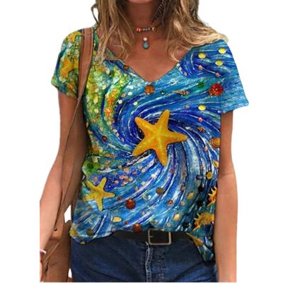 Fashion Spring  Star Print Blouses Short Sleeved V-Neck T Shirts Casual