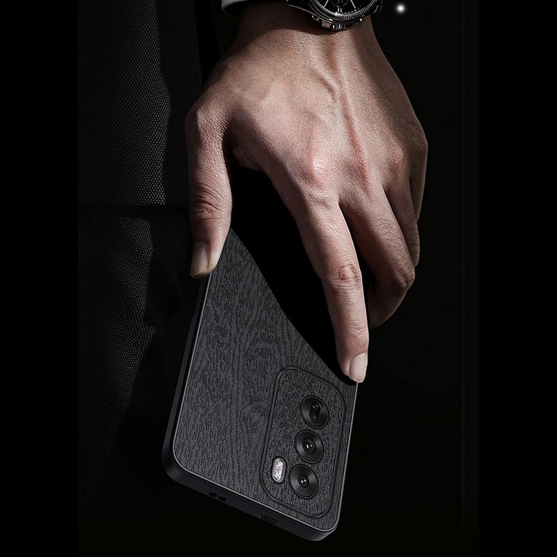 

For Oppo Reno12 5G (Global) Case Wood Texture PU Leather Back Phone Cover Black