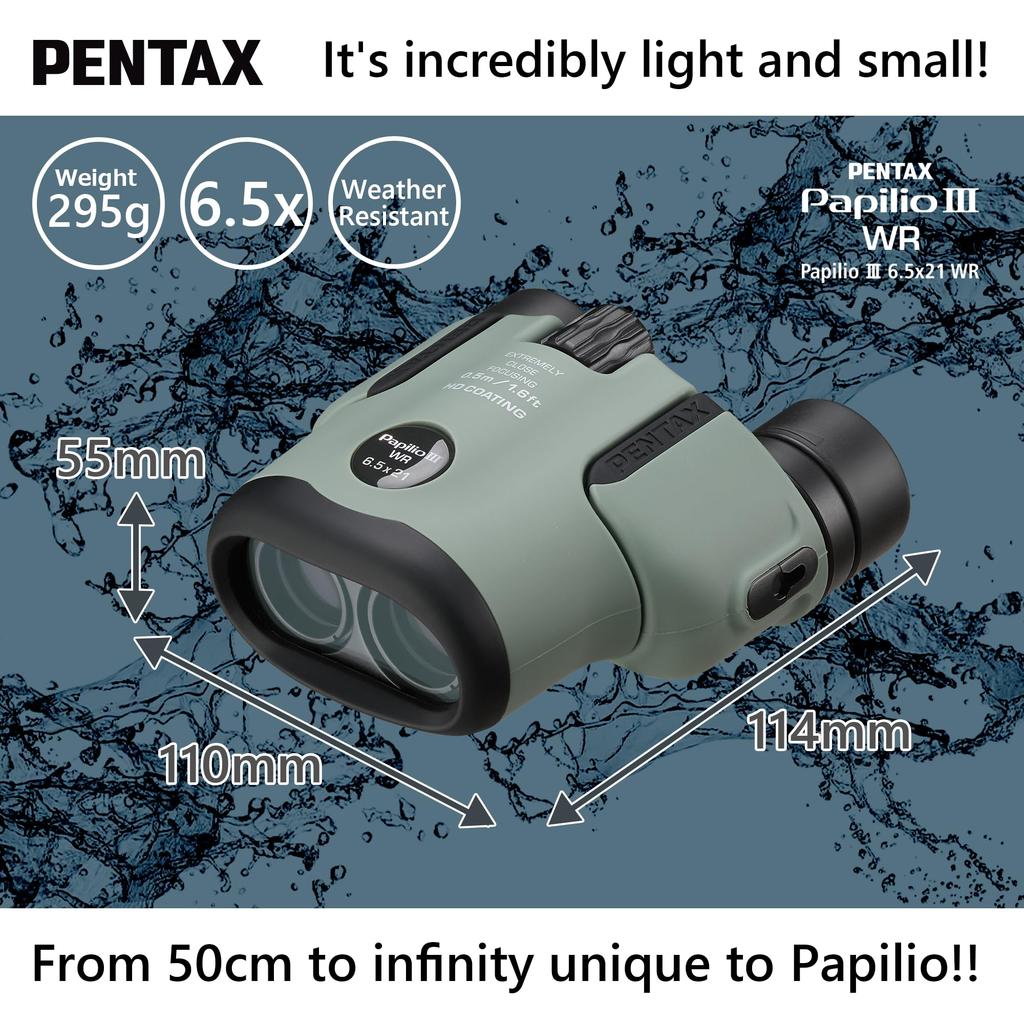 PENTAX Papilio III WR Oliv Fernglas Fokussierabstand von Sport Garantie Pentax 62011 6,5x21 [Mindestens 50cm] [Wasserdicht] [Kunstmuseen] [Outdoor