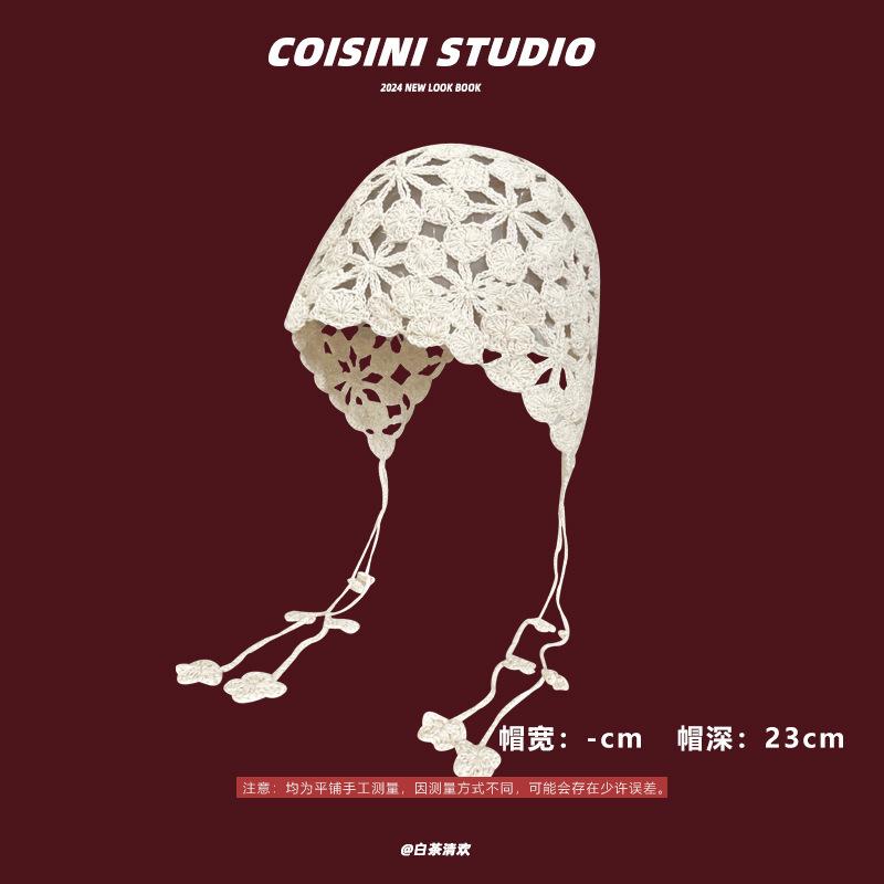 Fashion Handwoven Hollow Baotou Hat Women's Crochet Ethnic Style Tassel Ear Protector Strap Sleeve Knitted Hat