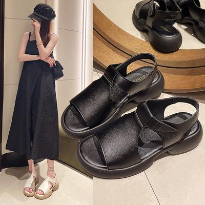 Sandali da donna con zeppa spessa e tacco alto, open-toe, con cinturino incrociato stile francese, per la spiaggia, da abbinare a gonne comode