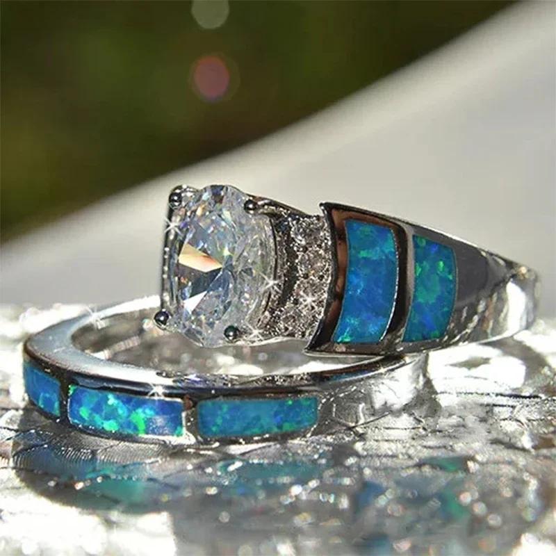 New Trendy Bridal Sets Women Ring Four Prong Setting Cubic Zirconia Blue Imitation Opal Wedding Engagement Party Jewelry