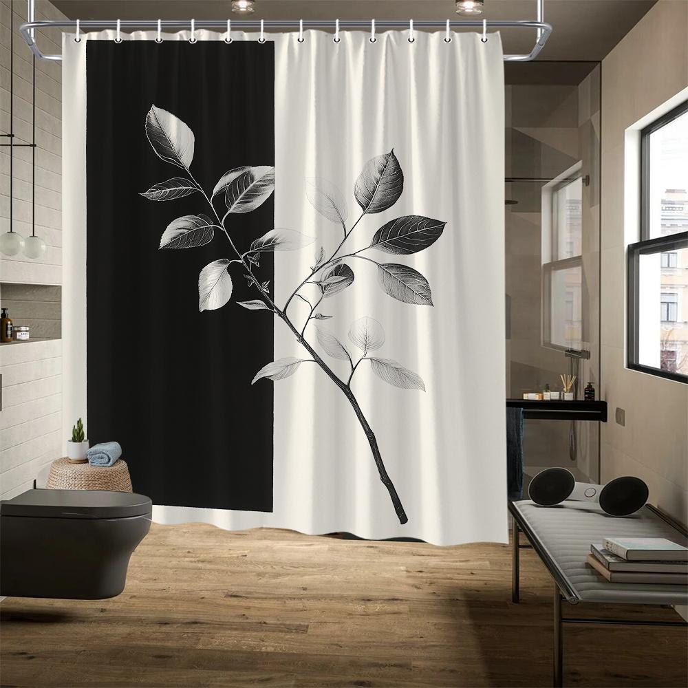 Elegant Floral Shower Curtain, Black & White Flower Print, Fade-Resistant Polyester, Four Seasons Bath Decor