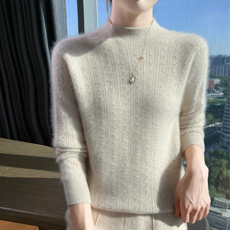Women's 100% Wool Half-High Collar Cable Knit Pullover Sweater