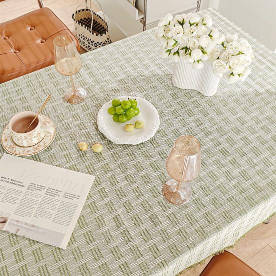French Grid Tablecloth, Checkered Woven Table Cover for Dining Table, Rectangular Round Desk Mat for Coffee Table Nightstand, Home Decor
