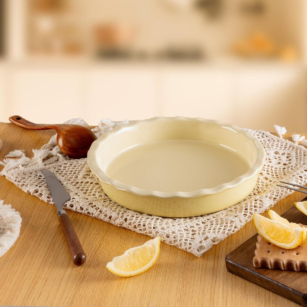 10 Inch Creamy Yellow Ceramic Pie Dish with Ruffled Edges,Non Stick, Microwave, Oven, Dishwasher Safe, Perfect for Quiches, Apple Pies, and More