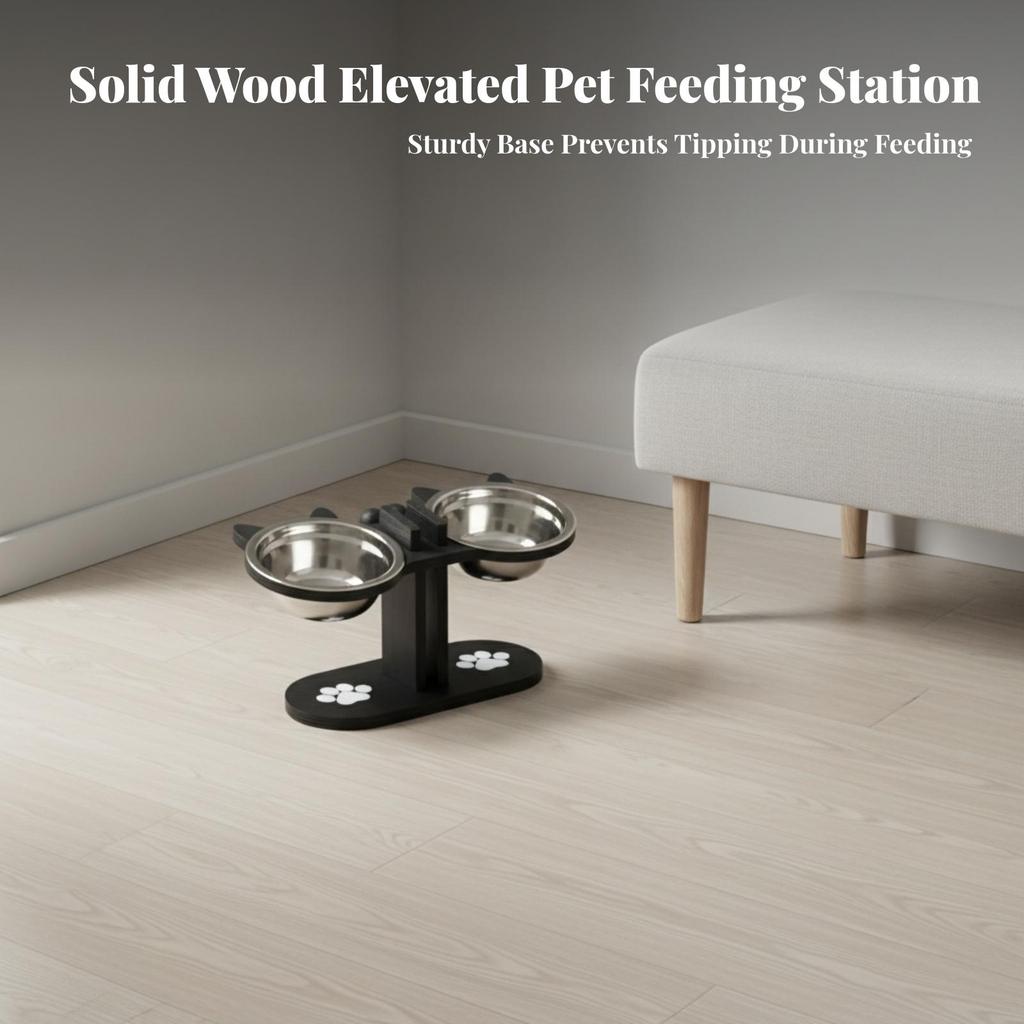 Wooden Pet Feeding Stand with Stainless-Steel Bowls Modern for Kitchen