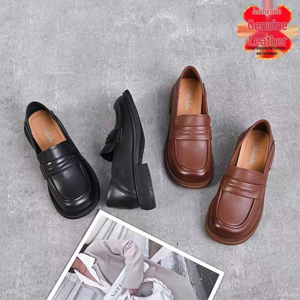 Genuine Leather Slip-on Loafers - 2025 Versatile Soft Sole Shoes for Spring/Autumn, Comfortable British Style with Low Heel