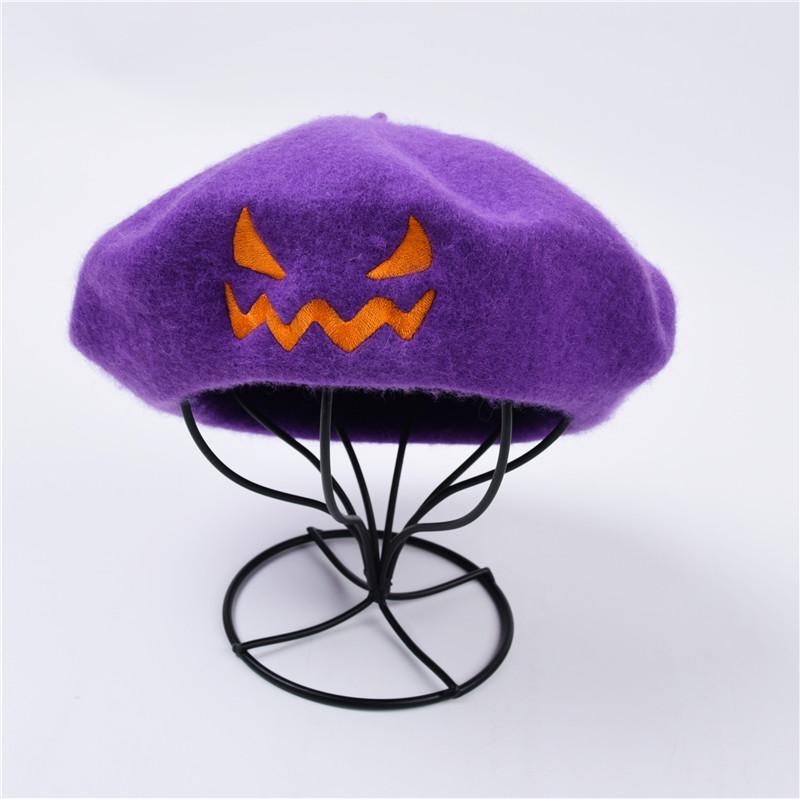 Vintage Plain Beret Cap For Women French Artist Chapeau Femme Wool Winter Hats Solid Color Halloween Embroidery Pumpkin Hat