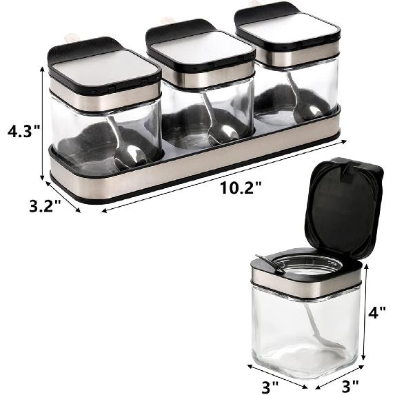 DEAYOU 3 Pack Glass Seasoning Box with Tray, Clear Condiment Canister with 18/10 Stainless Steel Lid and Spoon, Kitchen Spice Pot with Base, Salt