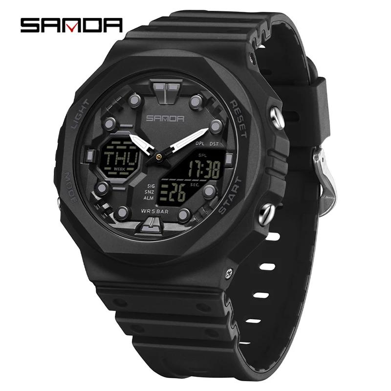 SANDA Military Men Sport Watch Stopwatch Alarm Countdown LED Light Digital Watches 50M Waterproof Dual-Display Quartz Wristwatch