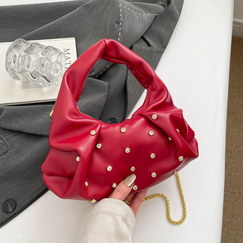Vintage Rivet Design PU Shoulder Bags for Women Solid Color Ladies Chain Crossbody Bag Simple Girls Hobos Handbags Phe Clutch