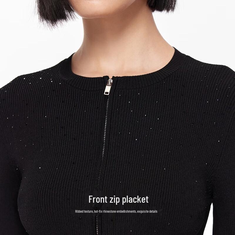 VEROMODA 2025 Autumn Rhinestone Zipper Slim-Fit Knit Top