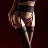 Kave Lace Top Suspender Belt Stockings, Oil Shiny Glossy Sheer Thigh High Hold Up Socks, Sexy Floral Lace Lingerie Hosiery