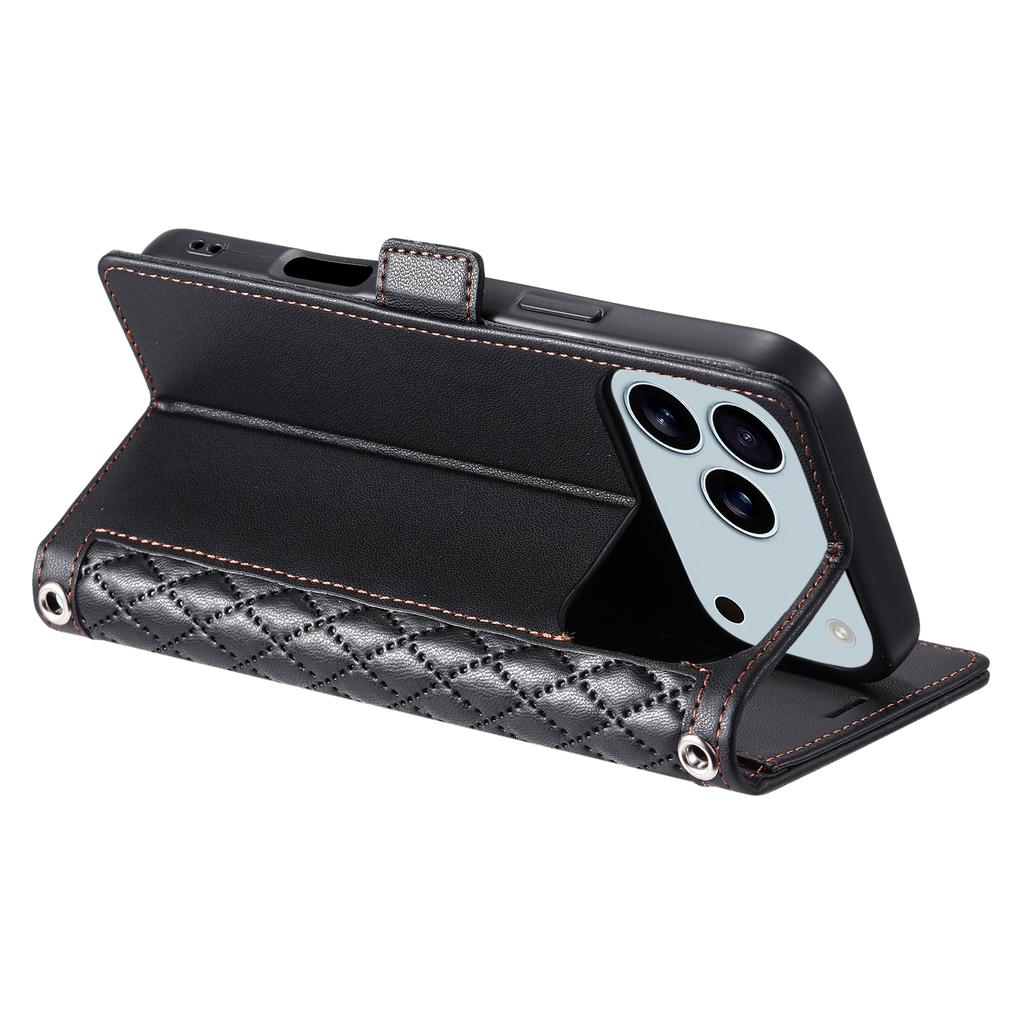 For iPhone 17 Pro Max Leather Case Rhombus Texture Wallet Stand Phone Cover with Wrist Strap