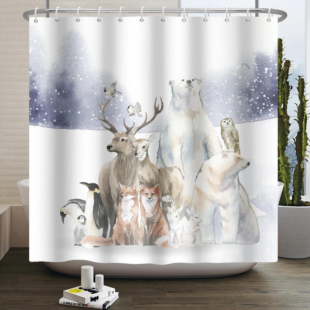 Christmas Shower Curtain Xmas Tree Winter Forest Snow Cute Snowman Bathroom Shower Curtain Waterproof Bath Curtain With Hook