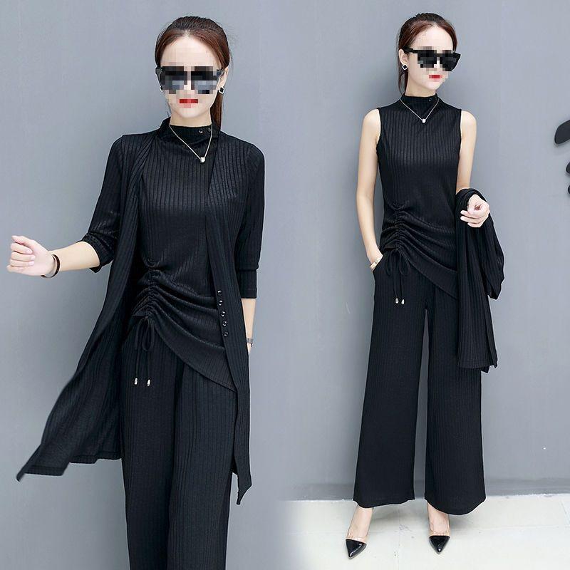 

Spring/Summer 2023 Korean Style Elegant Knitwear & Wide-Leg Pants Three-Piece Set for Women - Plus Size Available L [100-110 lbs]