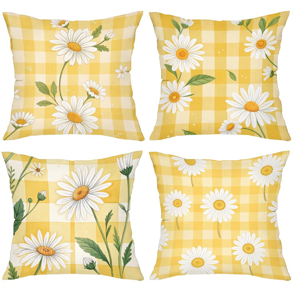 Yellow Checkered Daisy Patterned Decorative Cushions Polyester pillowcase, sofa decorative cushion cov Headboard Pillow