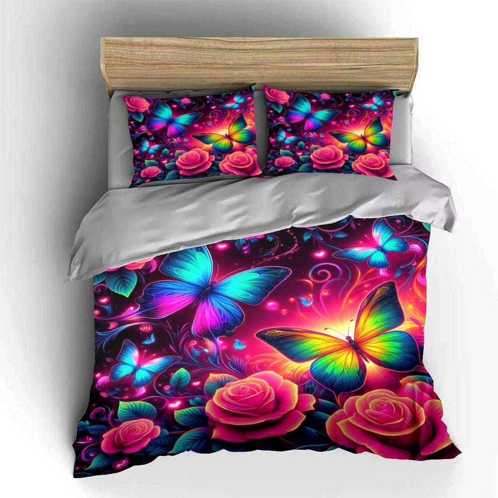 Colorful Butterfly Rose Design Bedding Duvet Cover Set Duvet Cover Pillowcases (1 * Duvet Cover 2 * Pillowcases, without duvet insert)