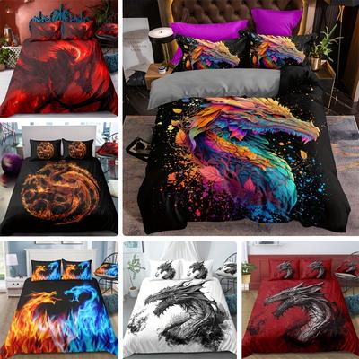 Bettbezug-Set mit mystischem Drachenmotiv – weiche und bequeme Bettwäsche für Schlafzimmer und Gästezimmer – 1 Bettbezug und 2 Kissenbezüge