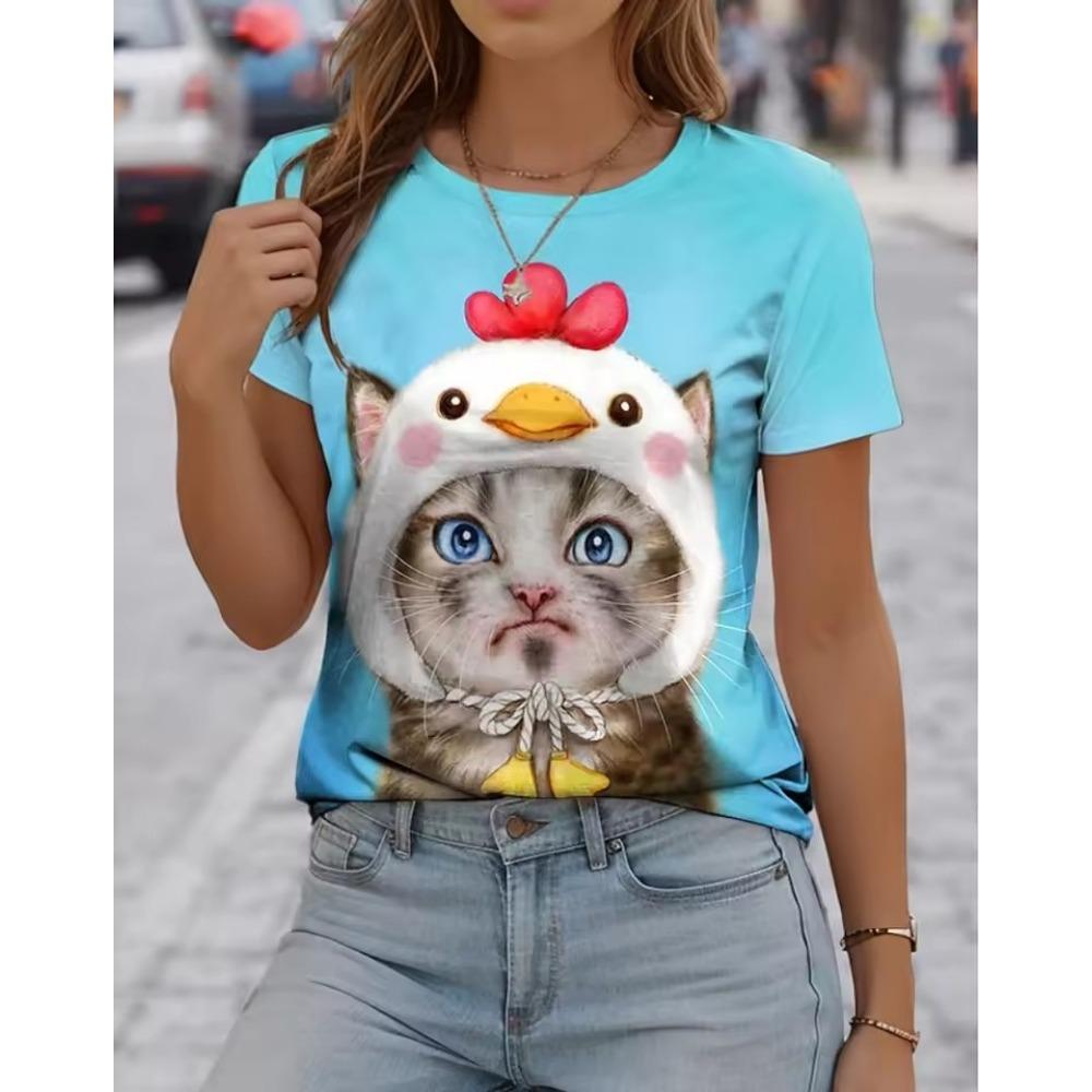 Women's round neck T-shirt Summer casual fashion short-sleeved top 3D cat print animal pattern Large Size Women's Clothing