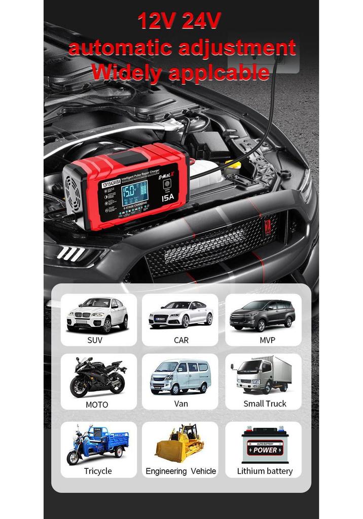 12V/24V Pulse Charger: 14.6V15A LiFePO4 Battery Charger for Motorcycles & Cars