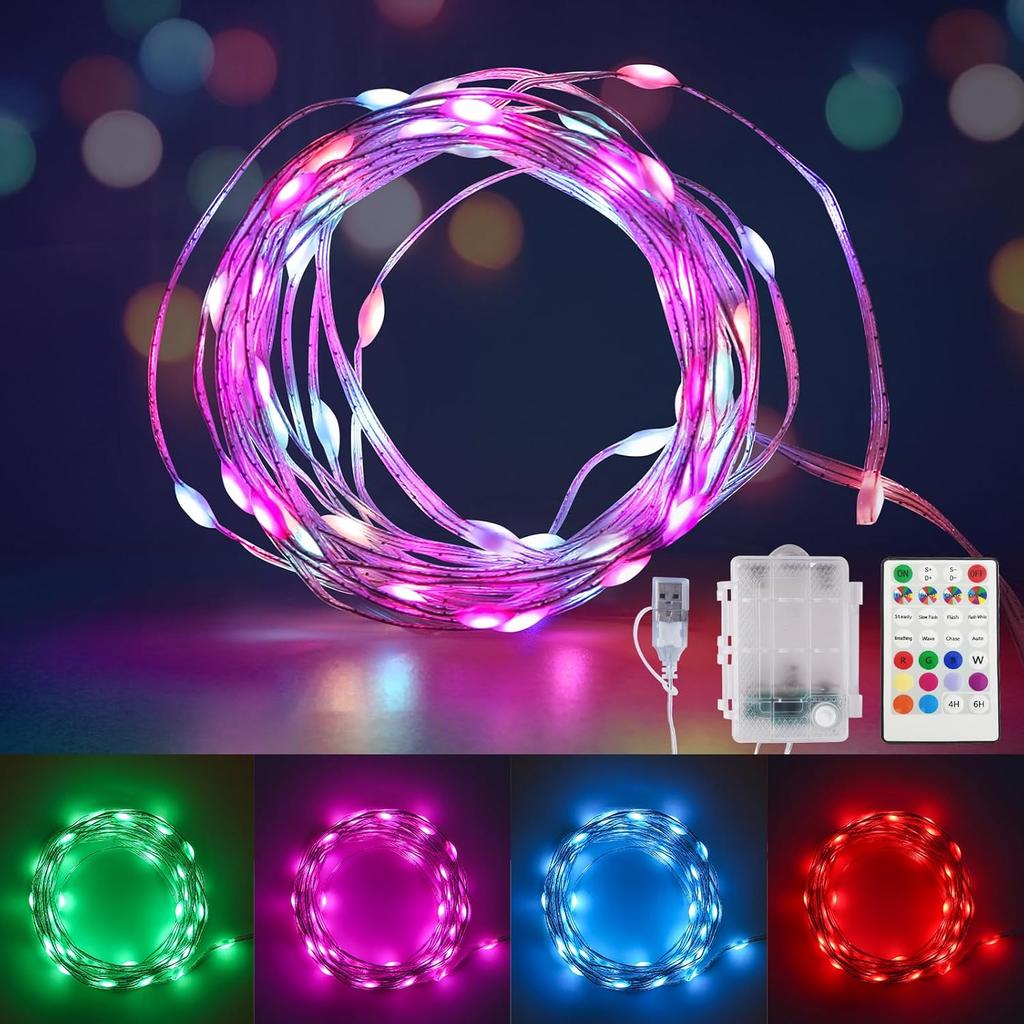 Fairy Lights Battery Operated Color Changing String Light with Remote, 16.4FT 1-Pack Twinkle LED Lights USB Plug or Battery Powered, Outdoor