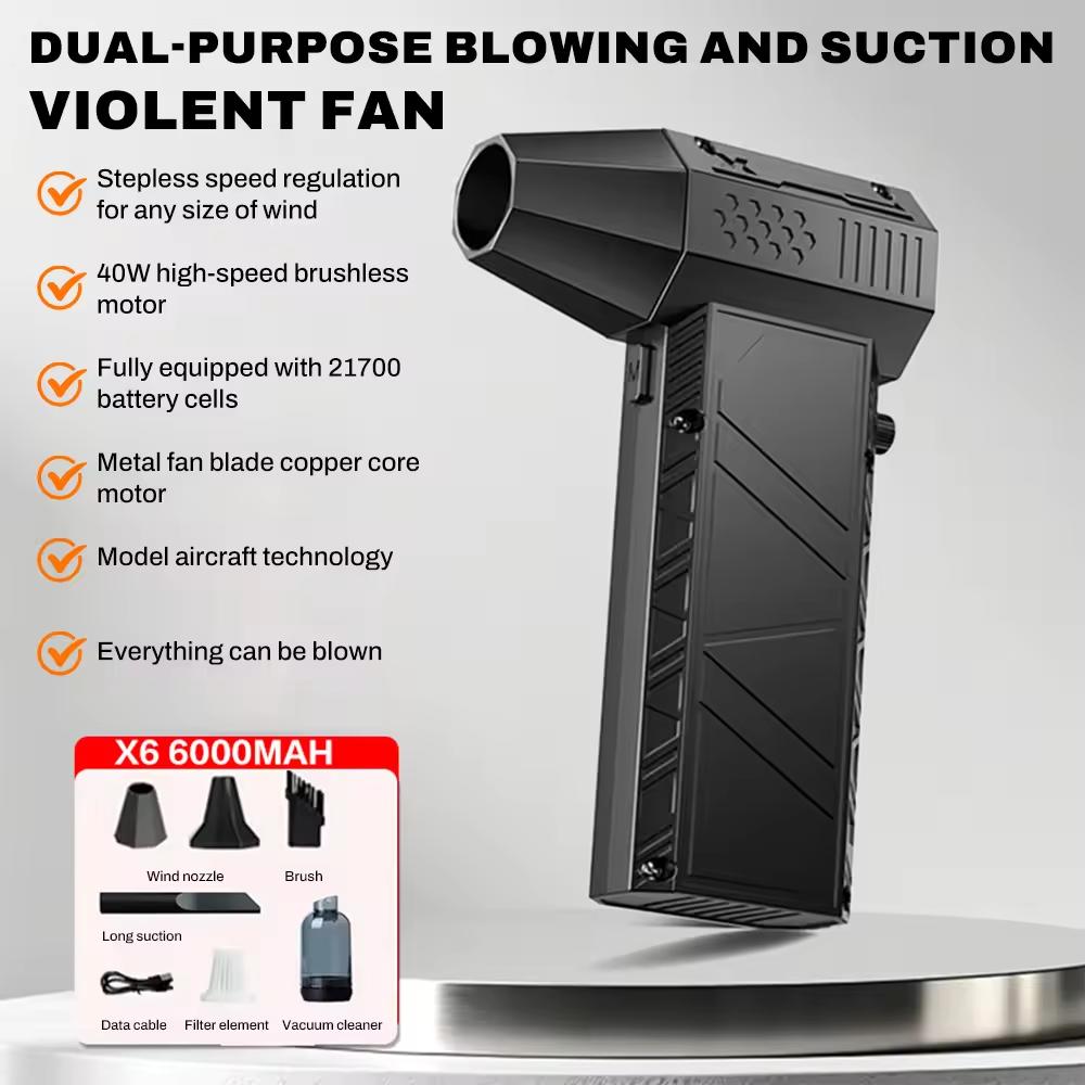 X6 Pro Violent Fan 400000RPM Powerful Air Blower Vacuum Dust Cleaner Type-C Charging Winds 53m/s Brushless Turbo Jet Blower Fan