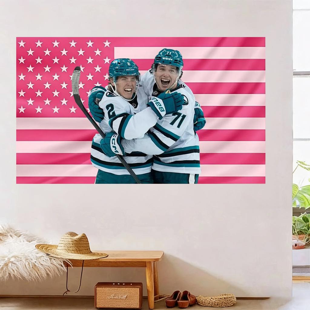 San Jose Sharks Macklin Celebrini Pink Usa Flag Tapestry, Hockey Wall Hanging Decor, Fan Gift, Flat Print