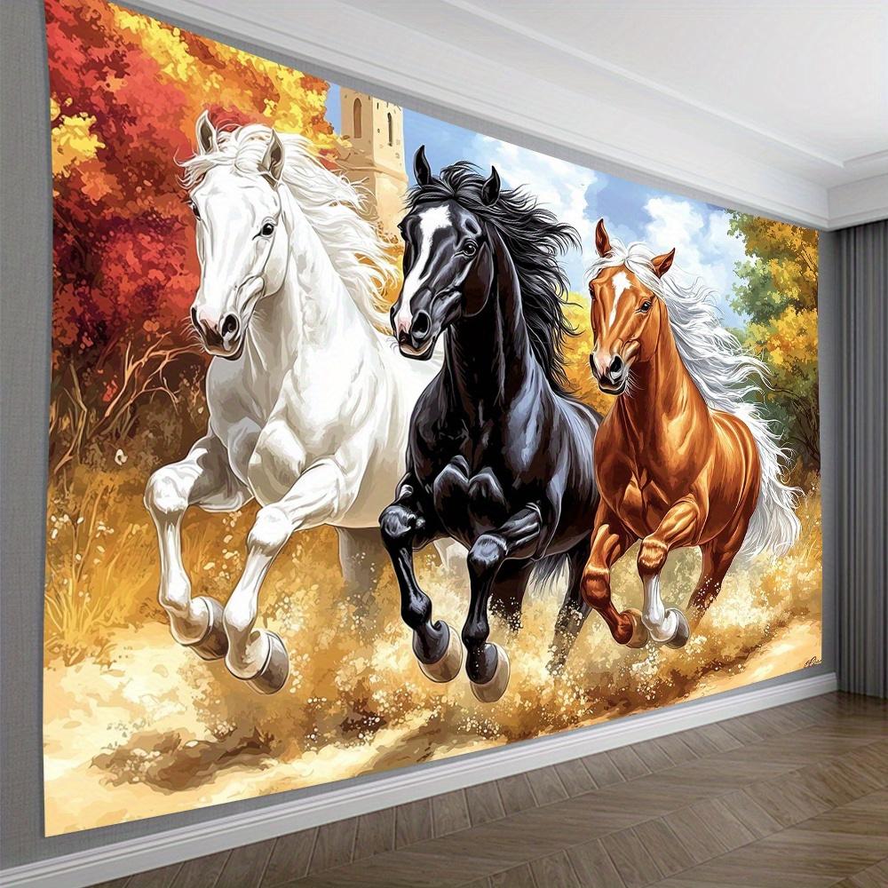 Running Horses Tapestry, White Black and Brown Steeds in Autumn Forest, Dynamic Animal Wall Art for Living Room Bedroom