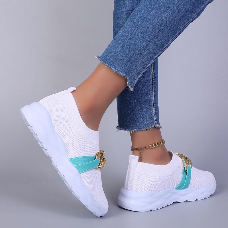fashion Breathable Knitting Flats Shoes for Women 2024 Autumn Fashion Chain Sports Shoes Woman Platform Slip on Socks Sneakers Plus Size