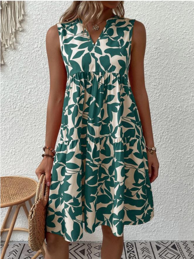 Women's V Neck Sleeveless Mini Dress Loose Mid Waist Floral Print Polyester Bohemian Summer A Line Dress