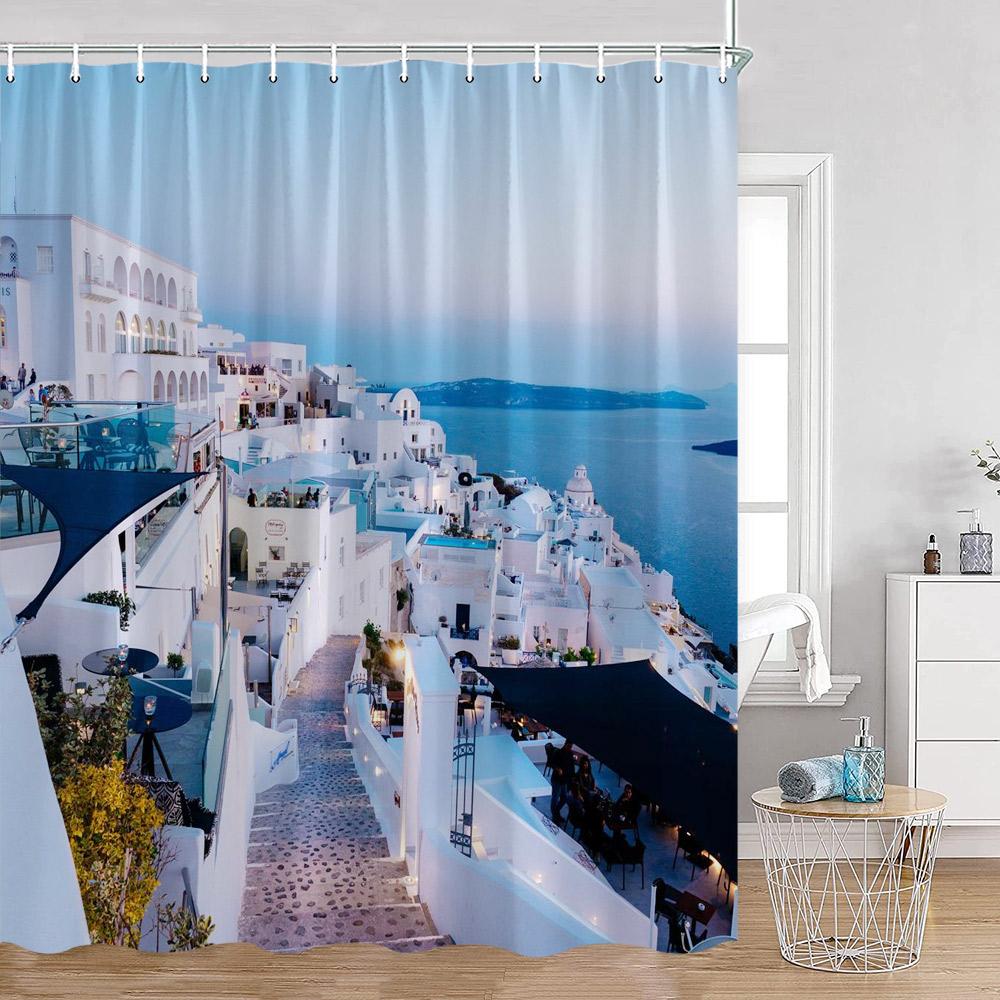 Greek Town Shower Curtain Greek Street View Sea View Blue Door Greece Scenery Bathroom Curtain Flower Plant Bath Decor with Hook