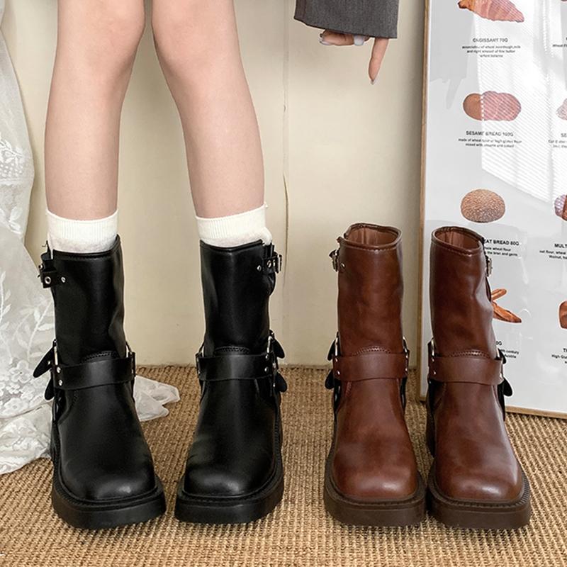 Fashion Winter Platform Synthetic Leather Boots Women Shoes Fashion Slip On Mid Heel Botas Ladies Retro Mordern Booties