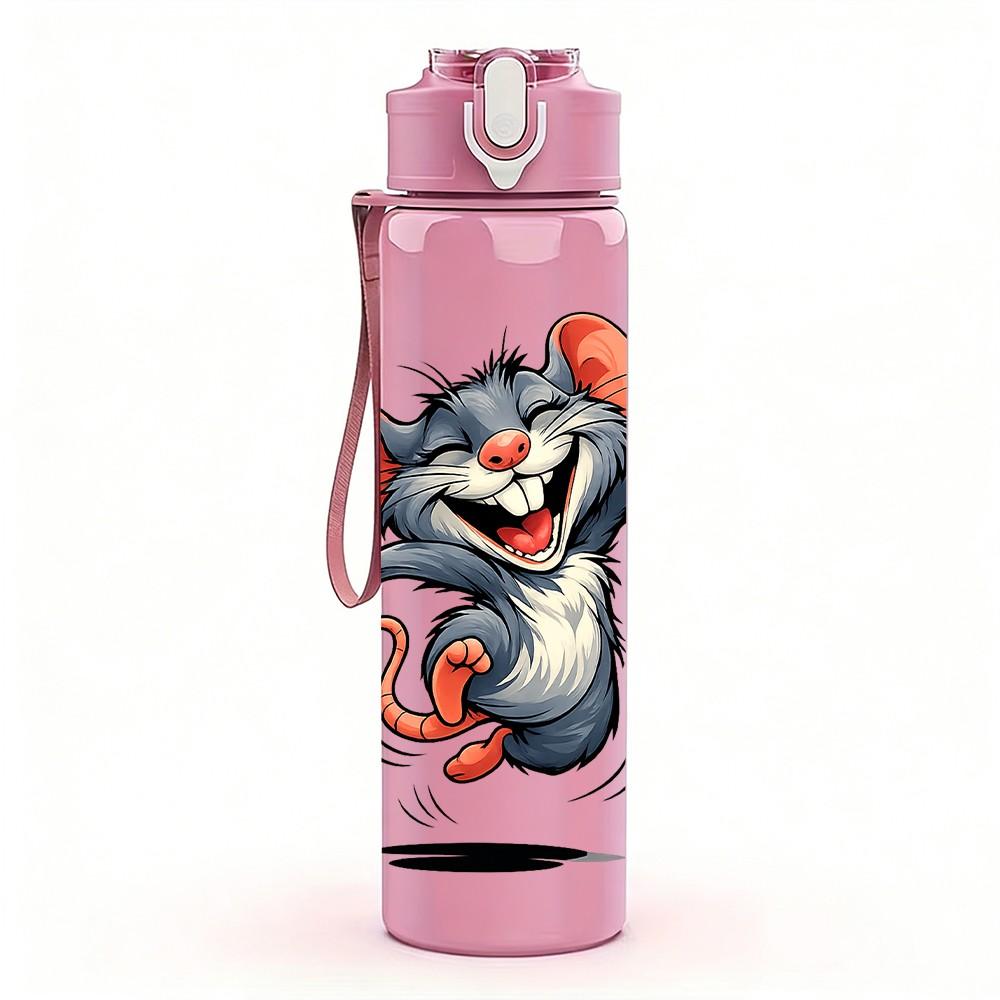 1PC Mouse Big Ears Cartoon Print 750ml Color Plastic Sports Water Bottle Leakproof Flip Straw Lid Suitable for Sports Office Home Use
