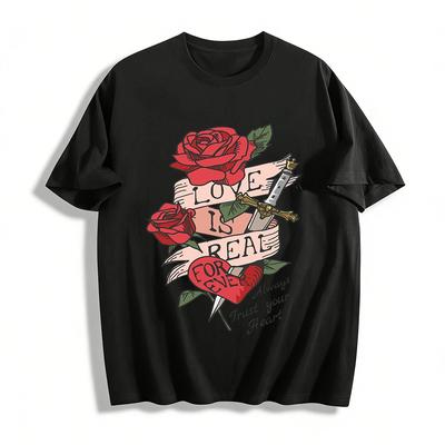 Miłość Jest Prawdziwa Wieczna Róża Sztylet Nadruk Koszulka Zaufaj Swojemu Sercu Góra Czysta bawełna T-shirt
