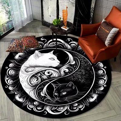 Yin Yang Katze Runder Teppich Weich Rutschfest Mystisch Gotisch Himmlisches Design Teppich Boho Hexenhaft Wohnkultur Matte für Schlafzimmer Wohnzimmer
