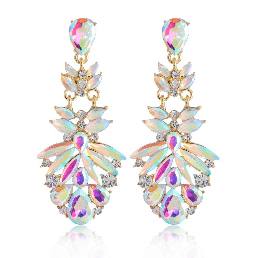 European and American Luxury Colored Diamond Water Drop Alloy Diamond Rhinestone Flower Earrings Trend Party Super Flash Earrings