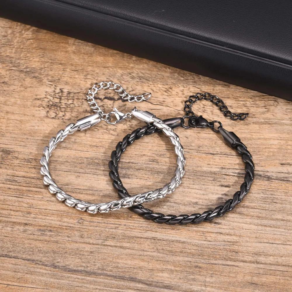 Men Snake Link Chain Bracelets, Black Silver Color Twisted Stainless Steel Glossy Chain Bracelet, Comfort Wear Jewelry