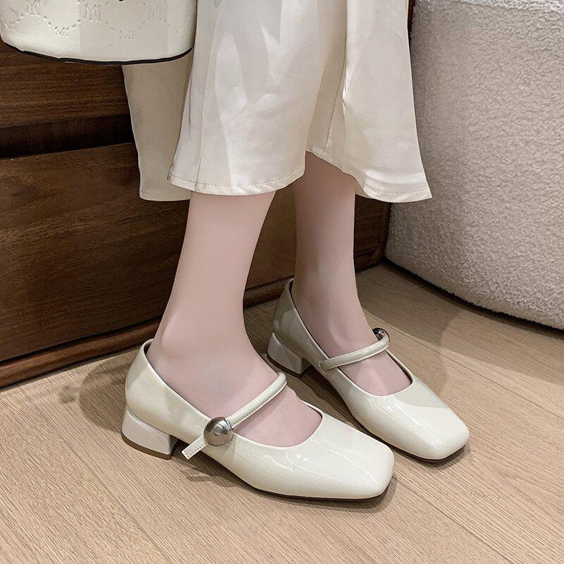French patent leather Mary Jane single shoes women's 2025 spring new versatile thick heel square head one-word buckle temperament high heels