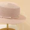 Beach Hat Wide Brim Flat Top Imitation Pearls Trim Tulle Bow Decor Straw Hat Lightweight Breathable Sun Protection Hat